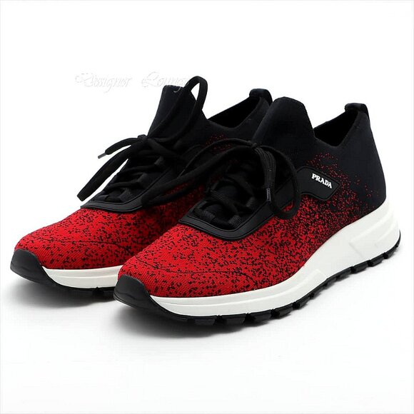 NEW PRADA Men's Knit 2 Red Black Textile Low Top Logo Sneakers UK 7 / US 8 - Picture 2 of 12